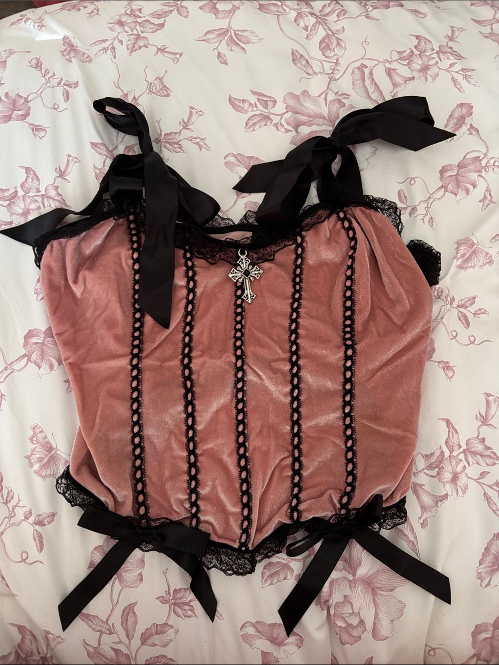 ROMWE Pink Velvet Lace-Trim Ribbon Strap Camisole with Cross Charm